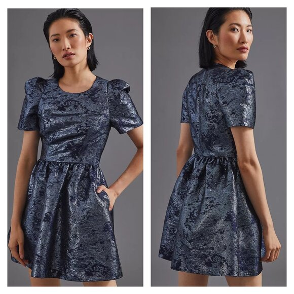 Black Halo Eve‎ Sz 4 Navy Metallic Organza Mini Dress Puff Sleeve Cocktail Party - Picture 1 of 12
